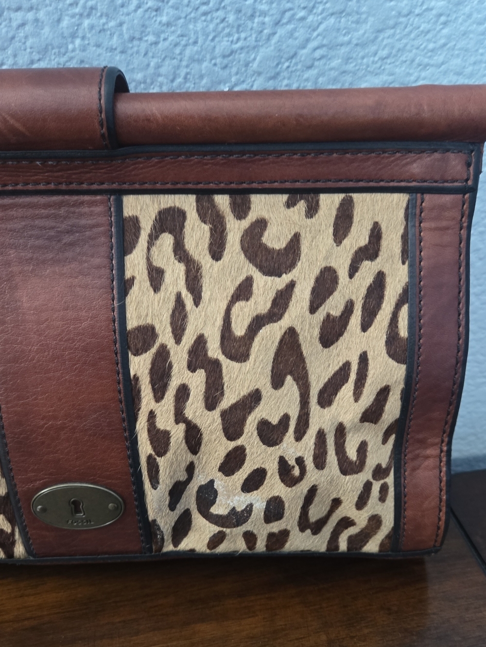 FOSSIL Leather Fold-Over Leopard Clutch Magnetic Closure Vintage - Picture 6 of 12